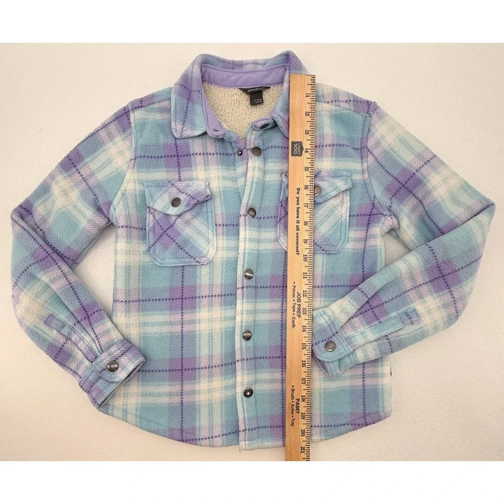 Eddie Bauer Girls 10 12 Sherpa Lined Flannel Jacket Plaid‎ Snap Cozy Warm